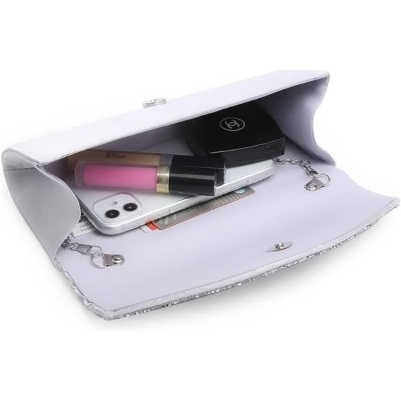Evening Clutch Crossbody Bag Silver Purse Wedding Handbag Party Prom Bridal Gift - Picture 5 of 6